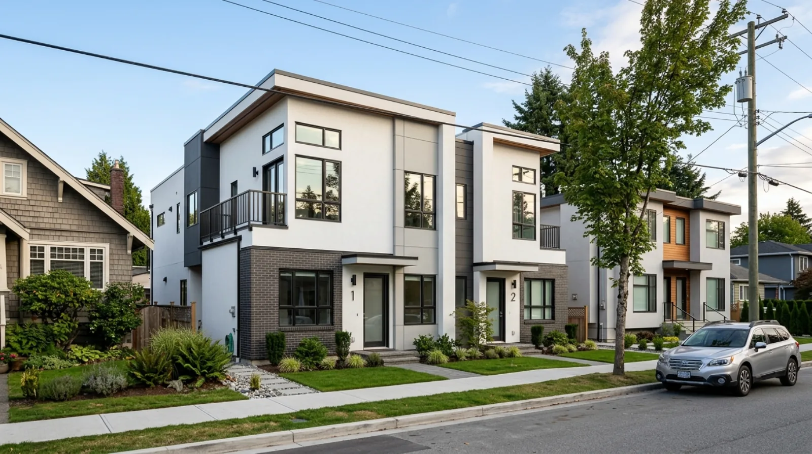 A newly completed white stucco and brick fourplex multiplex with two front entries on a Vancouver residential street, the type of project affected by the June 2026 density bonus removal and the new Amenity Cost Charge