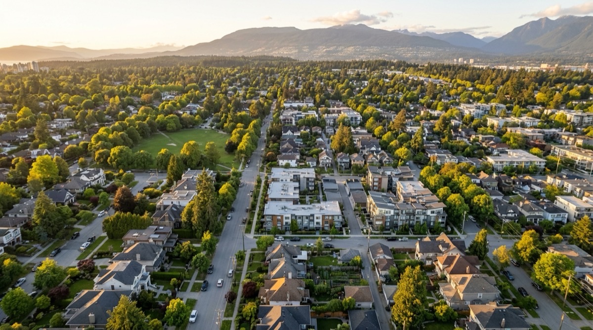 Aerial view of Vancouver neighbourhoods showing diverse housing types from east side to west side