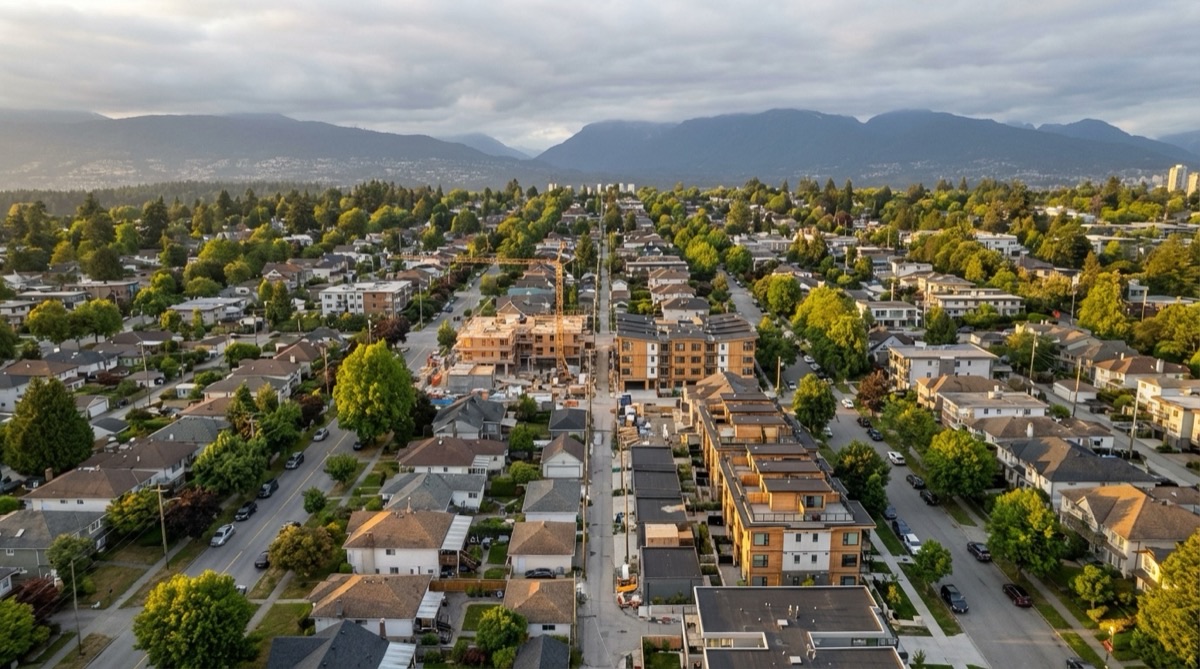 Aerial view of diverse Vancouver neighbourhoods showing mix of single-family homes and multiplex construction with North Shore mountains