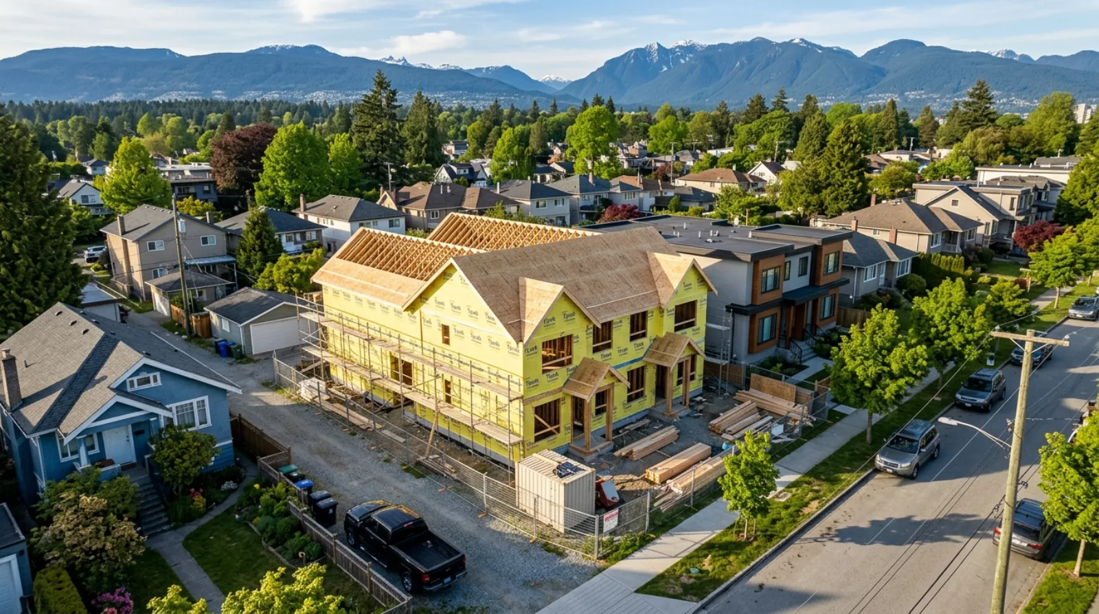 A newly framed Vancouver multiplex under construction on a standard residential lot in Hastings-Sunrise, surrounded by a mix of older single-family homes, one of the hundreds of permit records on the VanPlex Interactive Permit Map