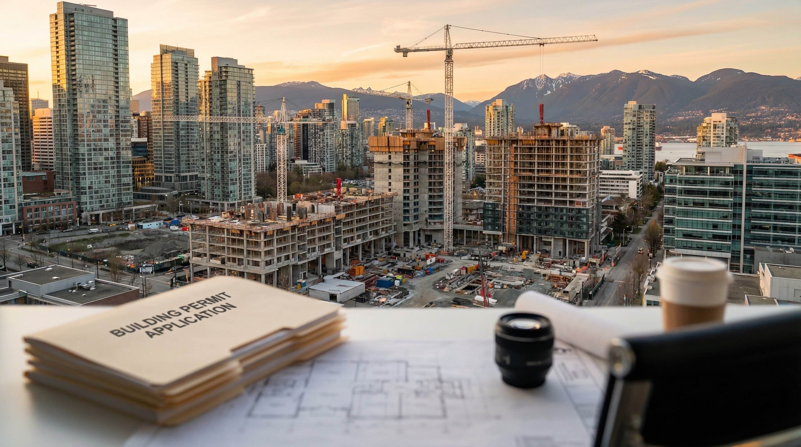 Aerial view of Vancouver construction sites with permit documents and crane activity