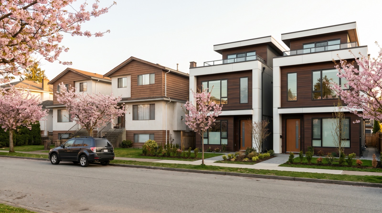 Vancouver east side residential street showing a mix of older single-family houses next to newly built multiplex buildings representing the 2025 permit crossover where multiplex new builds first outnumbered single family permits in the City of Vancouver issued building permits dataset