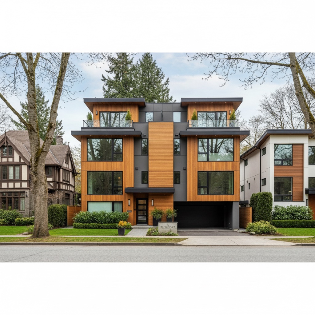 Luxury Vancouver residential neighborhood showing the intersection of high-end single-family homes and new multiplex zoning policies