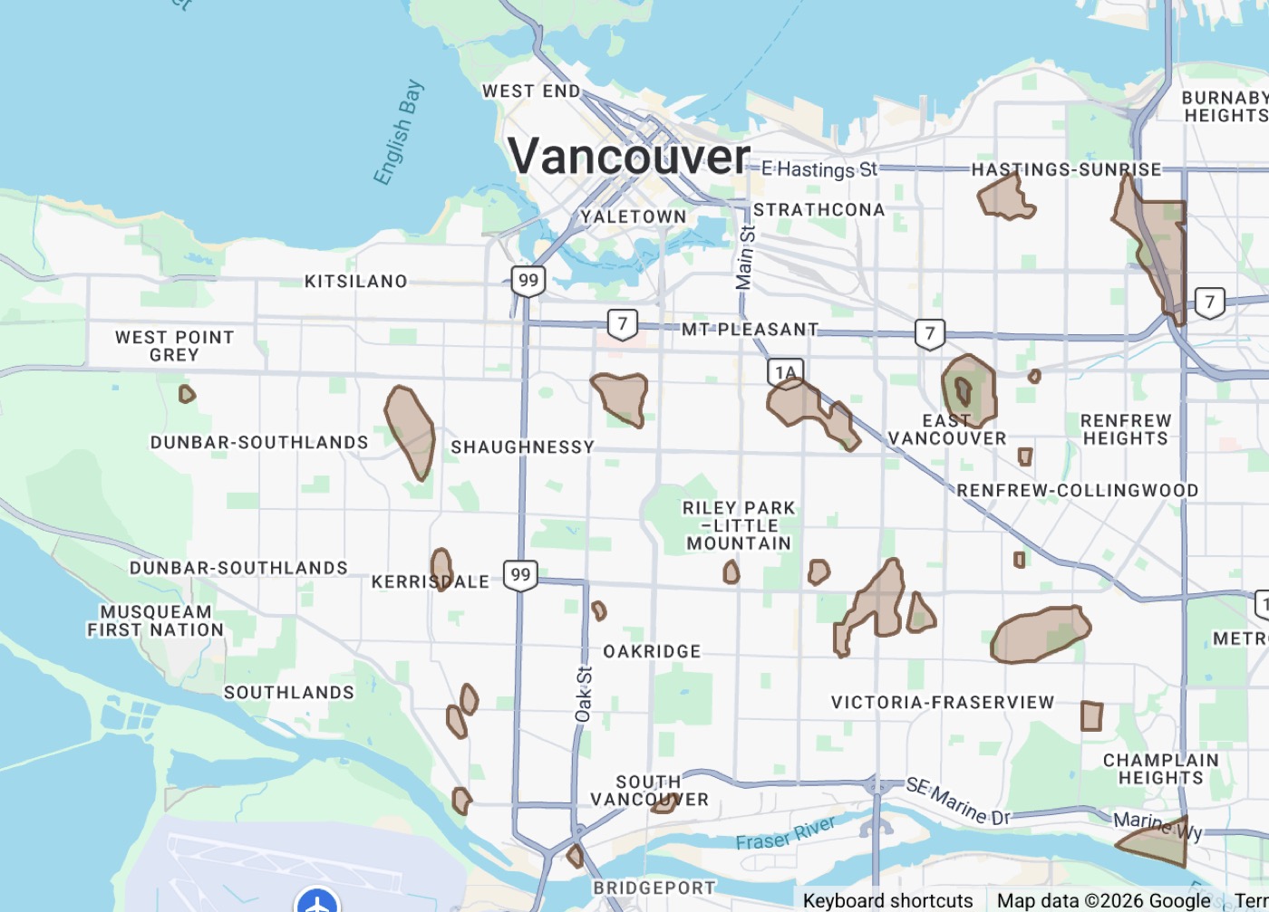 Vancouver peat bog areas shown on the VanPlex permits map -- brown overlay zones across Mount Pleasant, Trout Lake, Kerrisdale and East Vancouver neighbourhoods