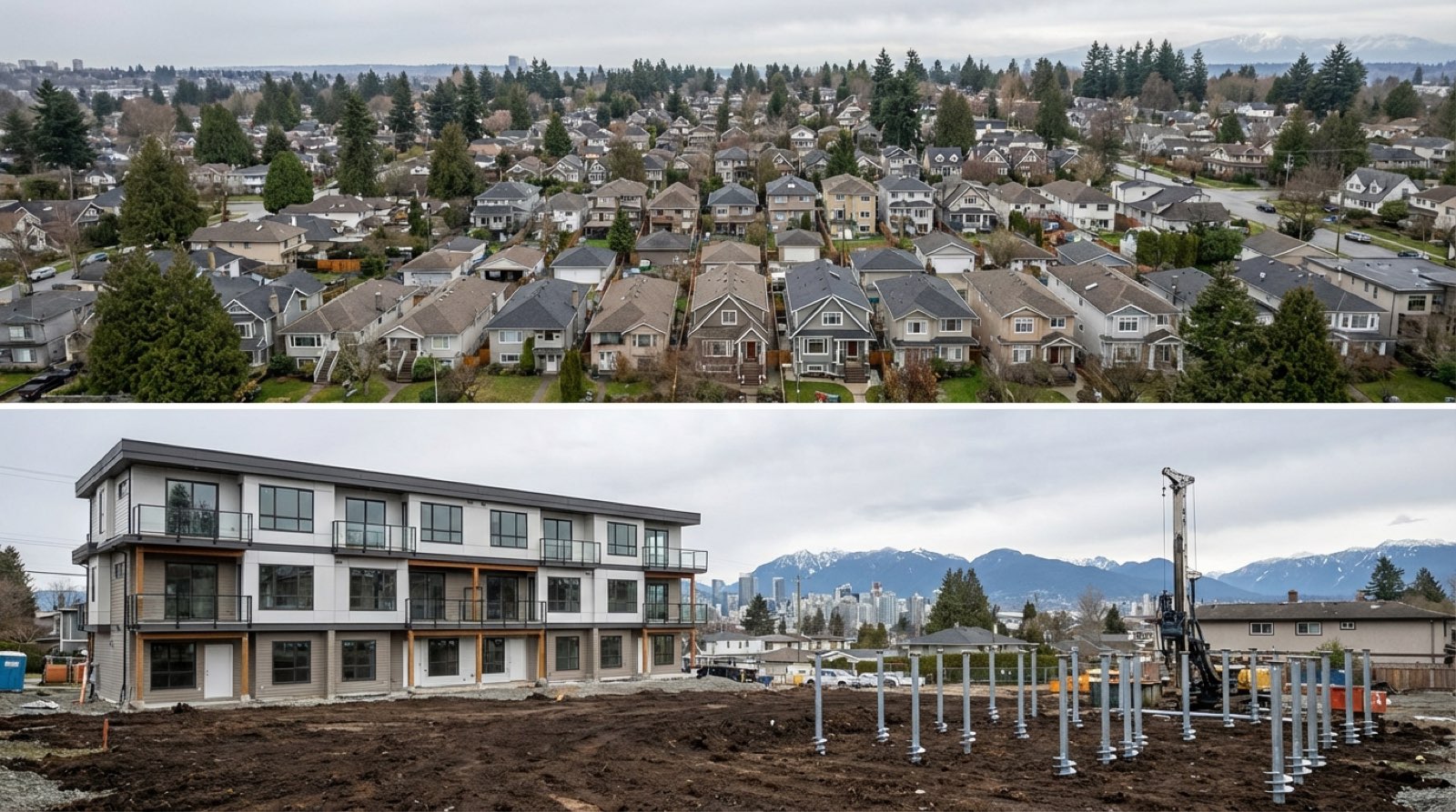 Vancouver permits map showing brown peat bog overlay zones across Mount Pleasant, Trout Lake, and Kerrisdale neighbourhoods with multiplex permit markers