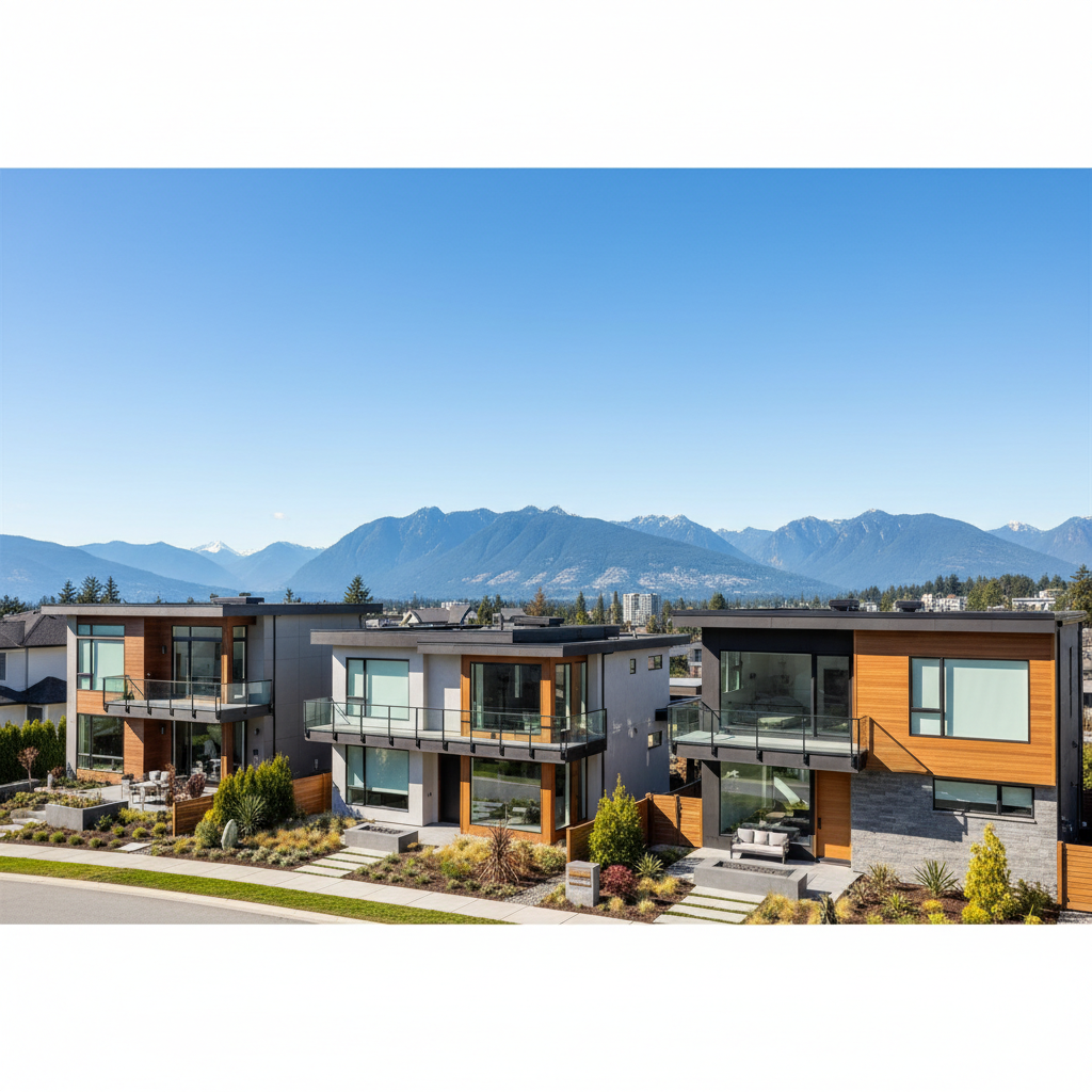 Modern high-end Vancouver residential neighborhood with mountains, showcasing potential investment properties under a blue...