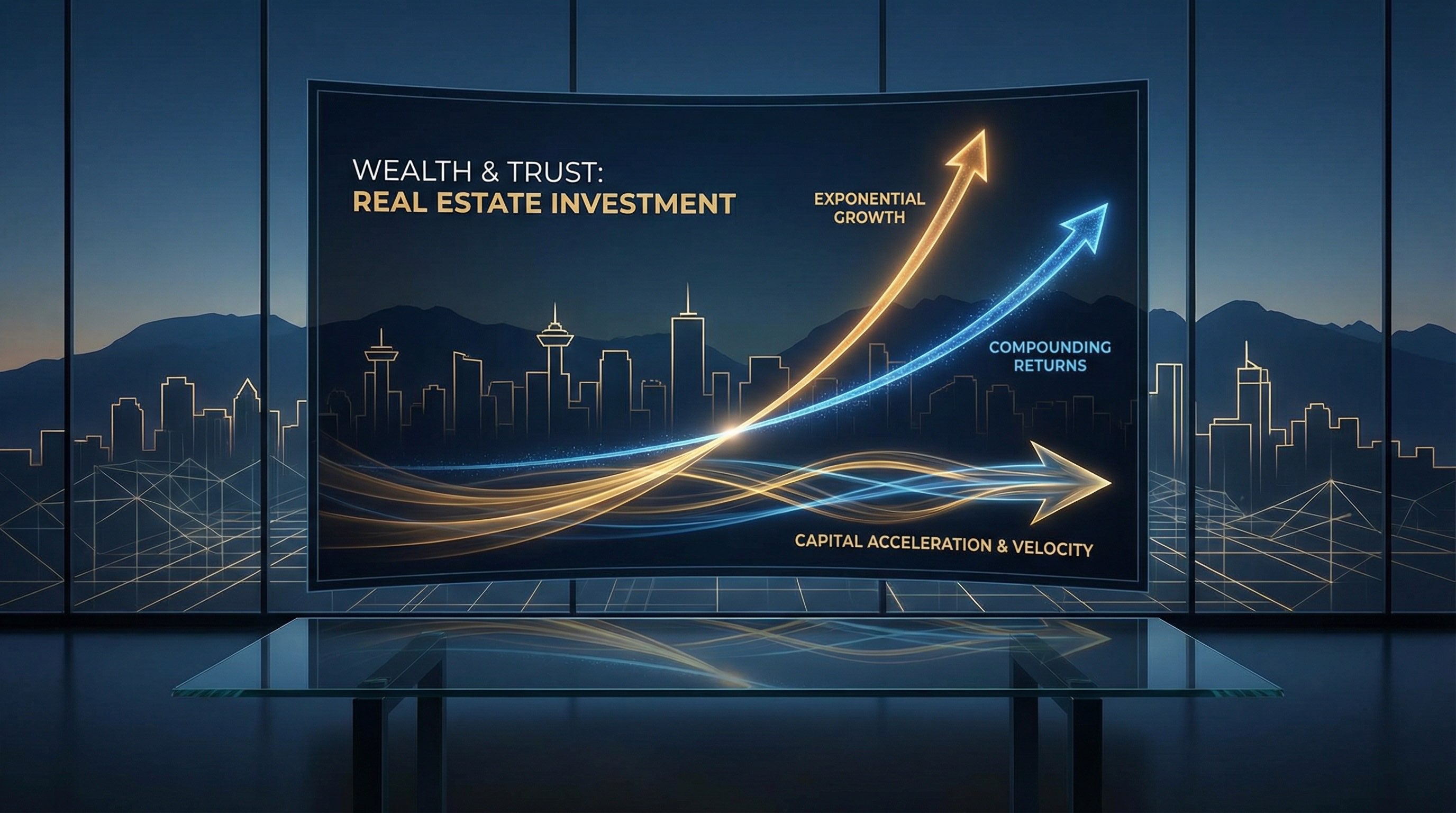 Capital compounding visualization showing multiplex development velocity and wealth accumulation over time