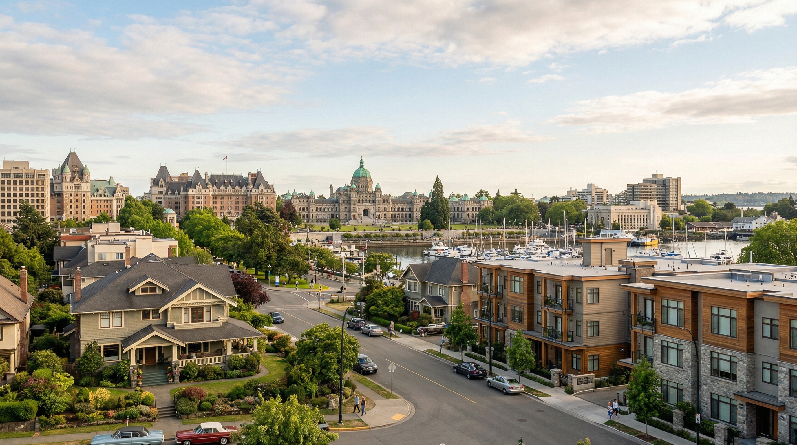 Victoria BC harbour with multiplex infill housing visible along residential streets near the Shelbourne transit corridor