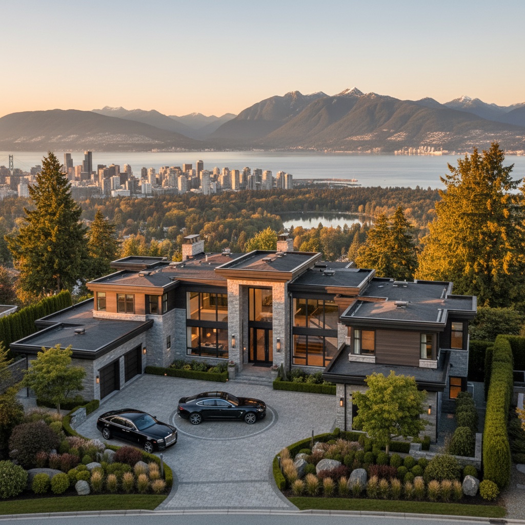 Luxury British Properties estate in West Vancouver with mountain and ocean views showing exclusive single-family character