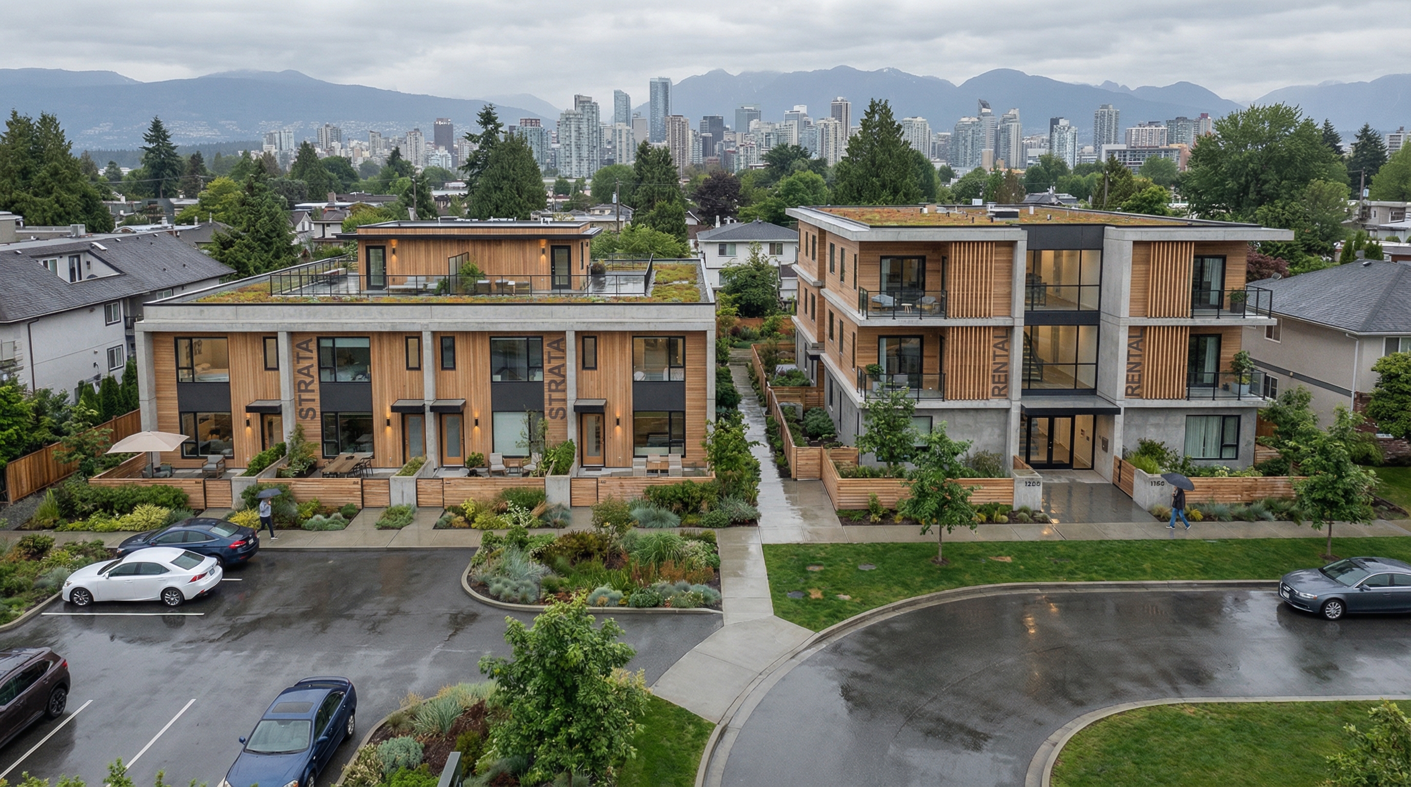 Modern wood-frame multiplex building in Vancouver showing a secured rental development under R1-1 zoning with 8 units