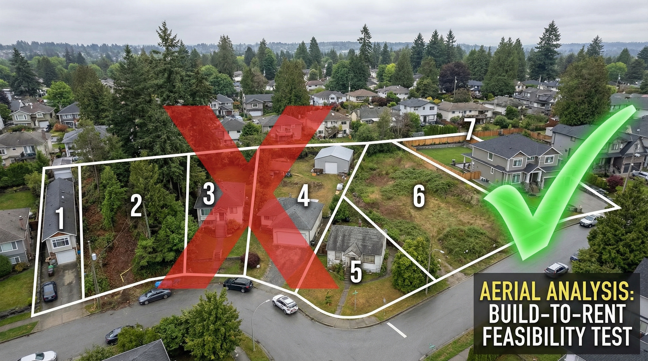 Seven Vancouver residential lots with red X marks overlaid showing failed build-to-rent underwriting results