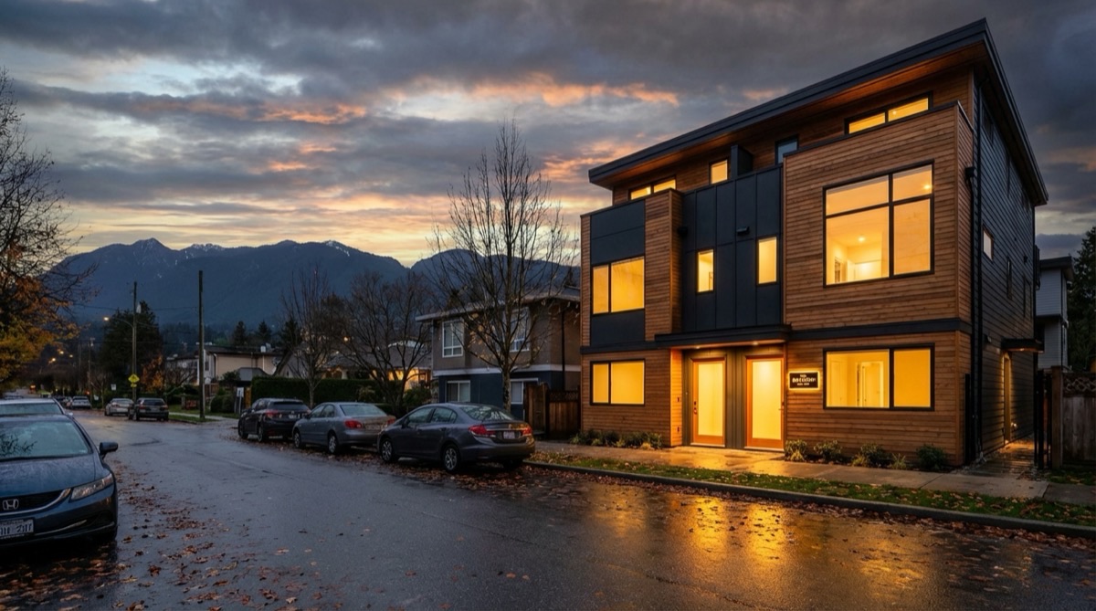 Vancouver residential street at dusk with warm lights glowing from a modern multiplex home, mountains and moody sky in background