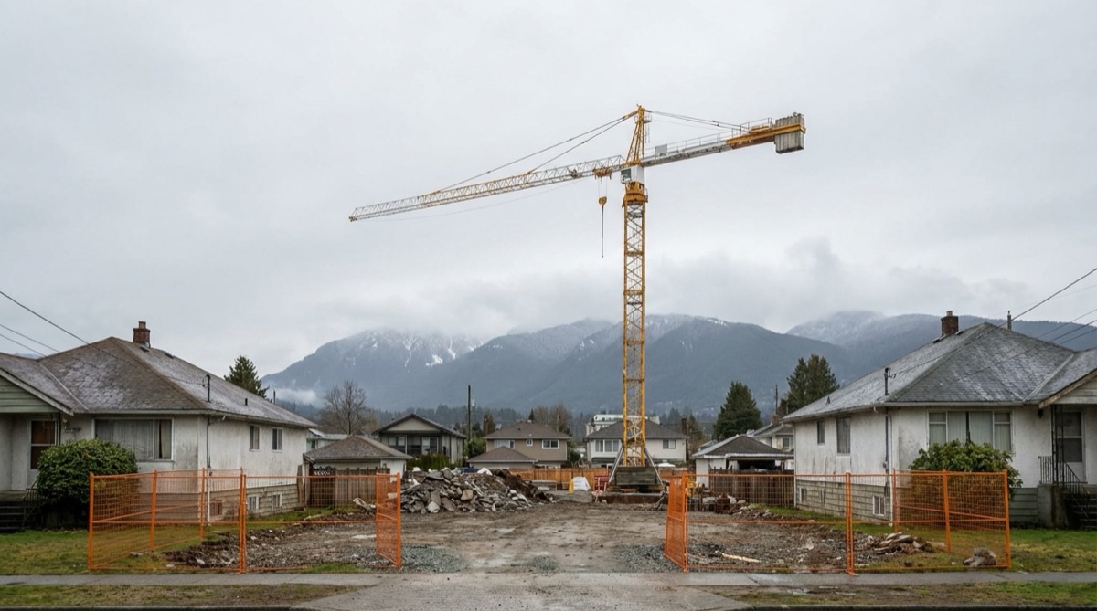 Empty Vancouver construction site with crane idle against North Shore mountains, showing paused residential development