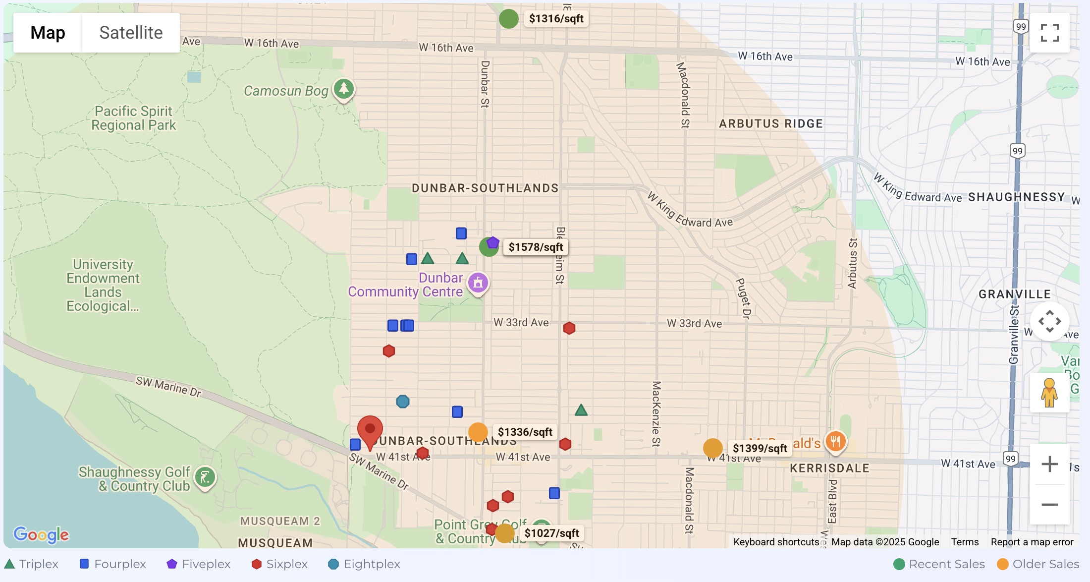 Map showing nearby multiplex permits and comparables