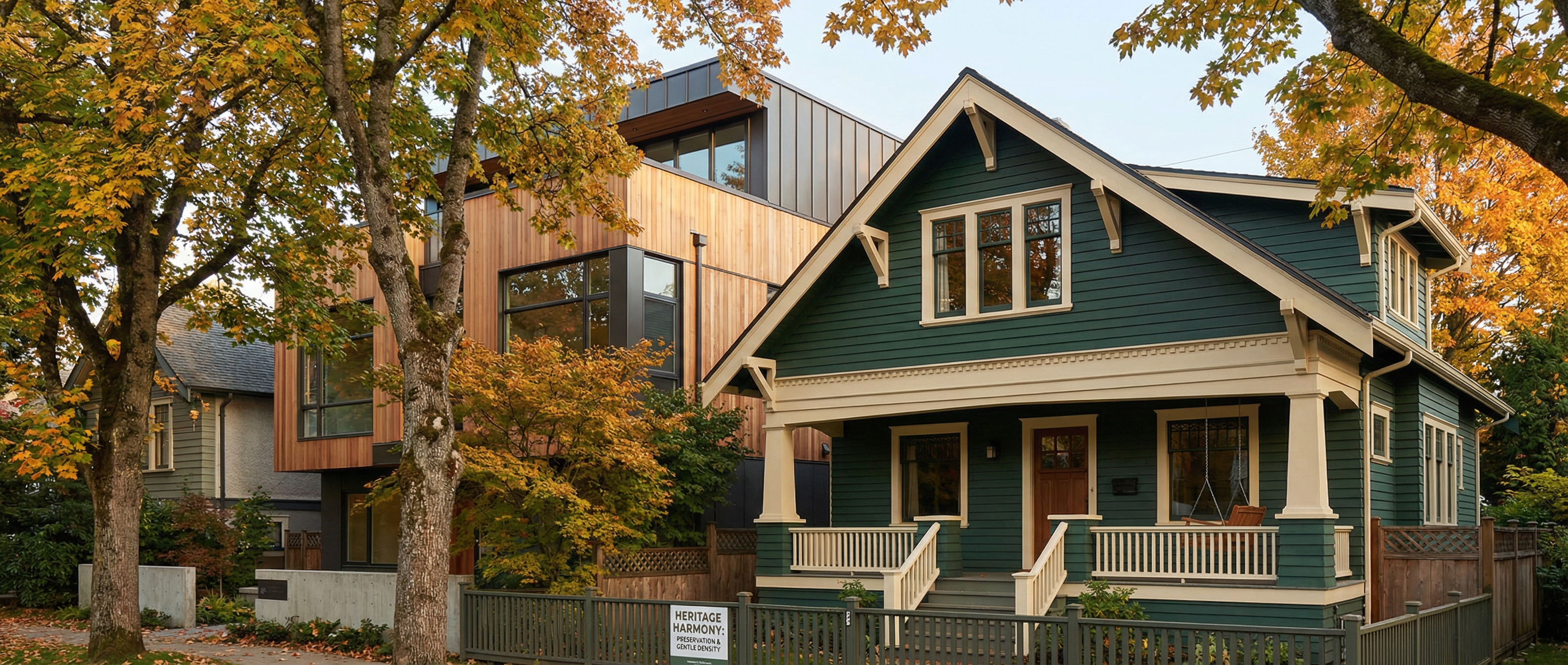 Heritage character homes in a Vancouver neighbourhood with modern infill units