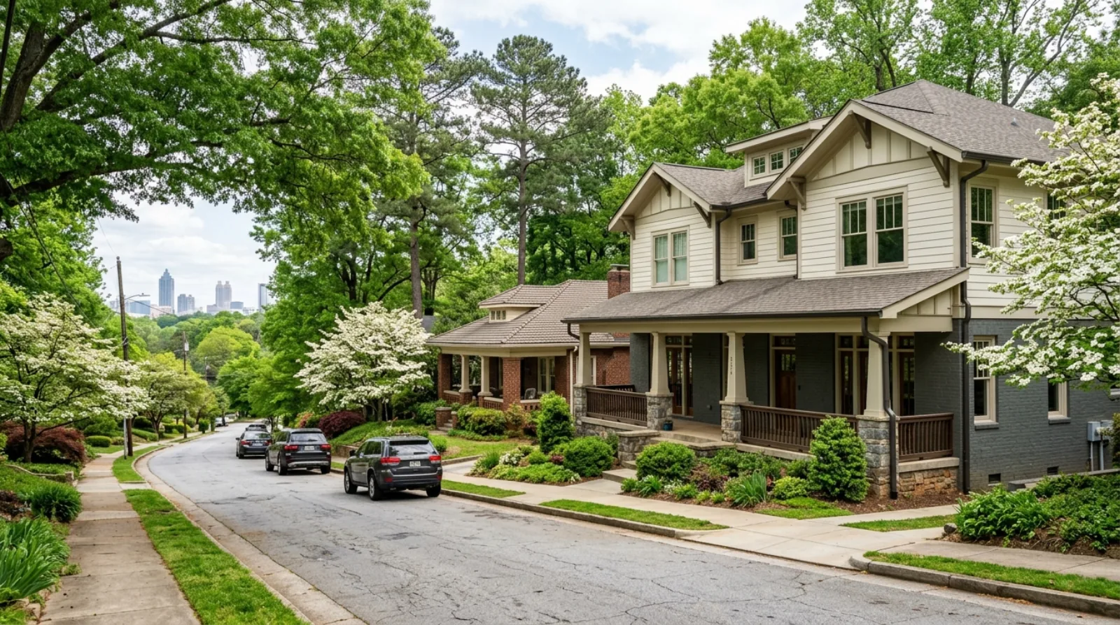 A two-story house with a wide covered front porch next to a one-story brick bungalow, on a street lined with tall trees and flowering dogwoods, with a city skyline in the distance