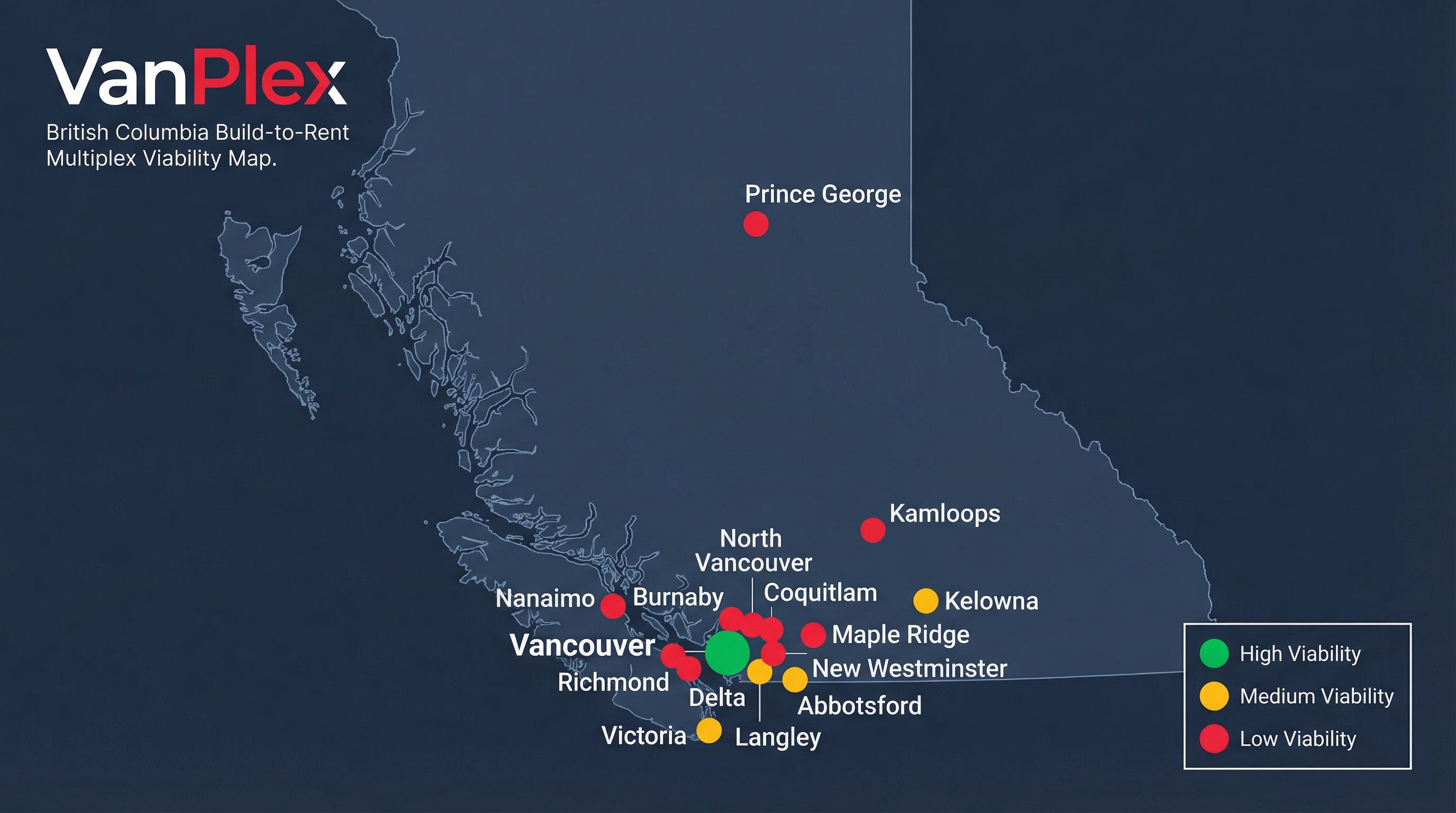 BC Build-to-Rent Multiplex Viability Map showing 15 cities color-coded by BTR viability