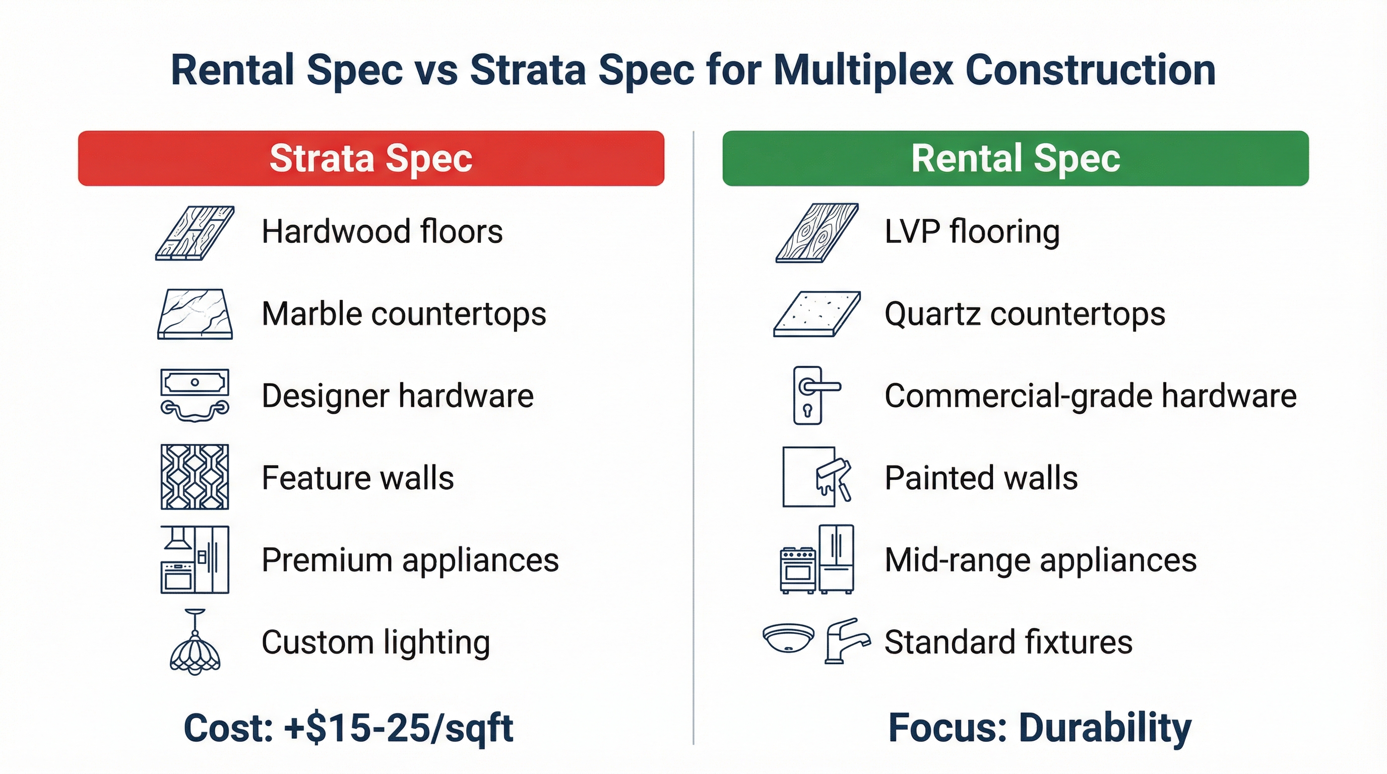 Rental spec vs strata spec comparison for multiplex construction
