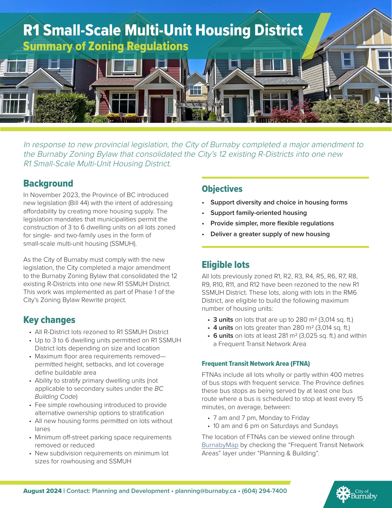 City of Burnaby R1 SSMUH summary page showing background, key changes, and objectives.
