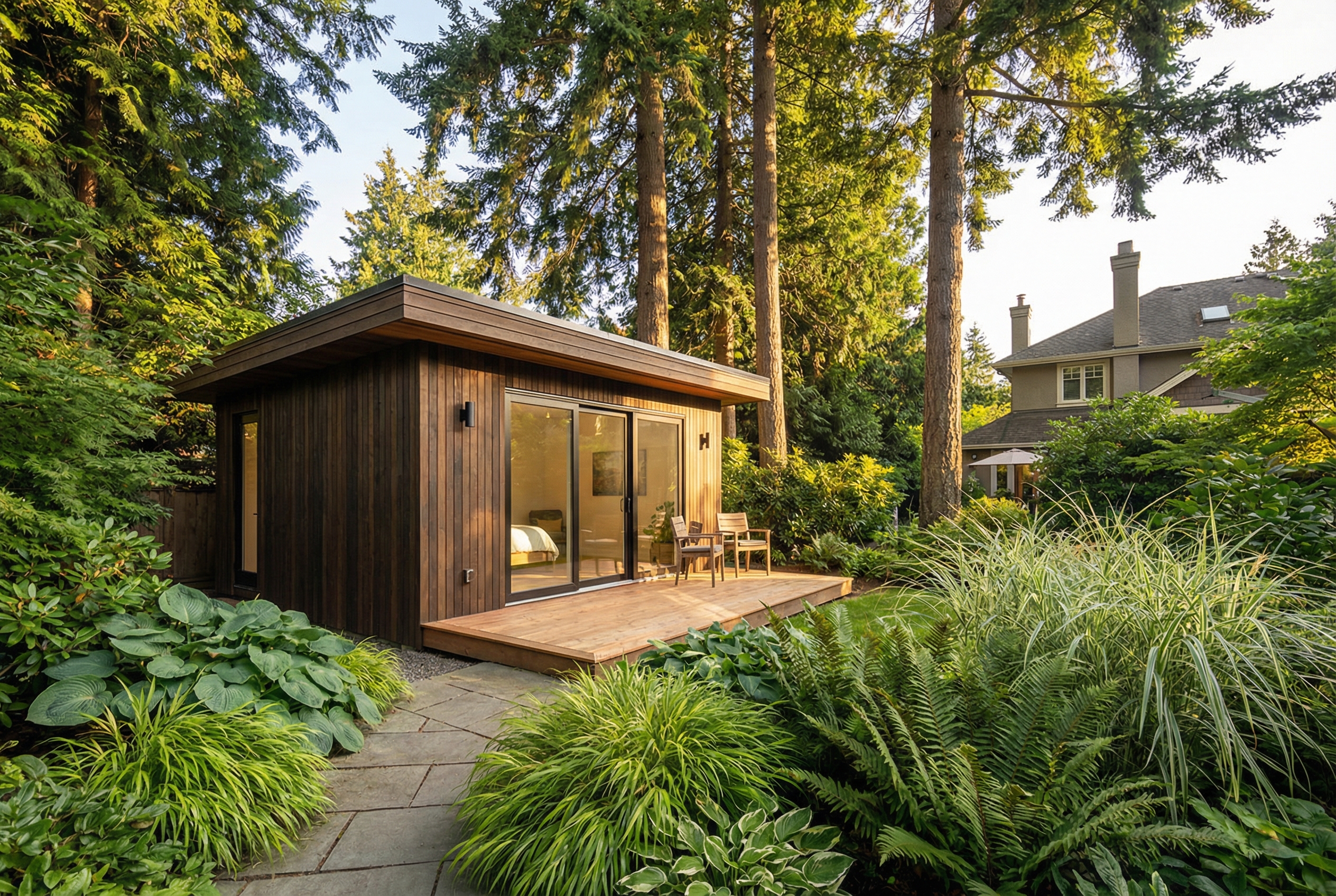 Modern garden suite in a landscaped backyard