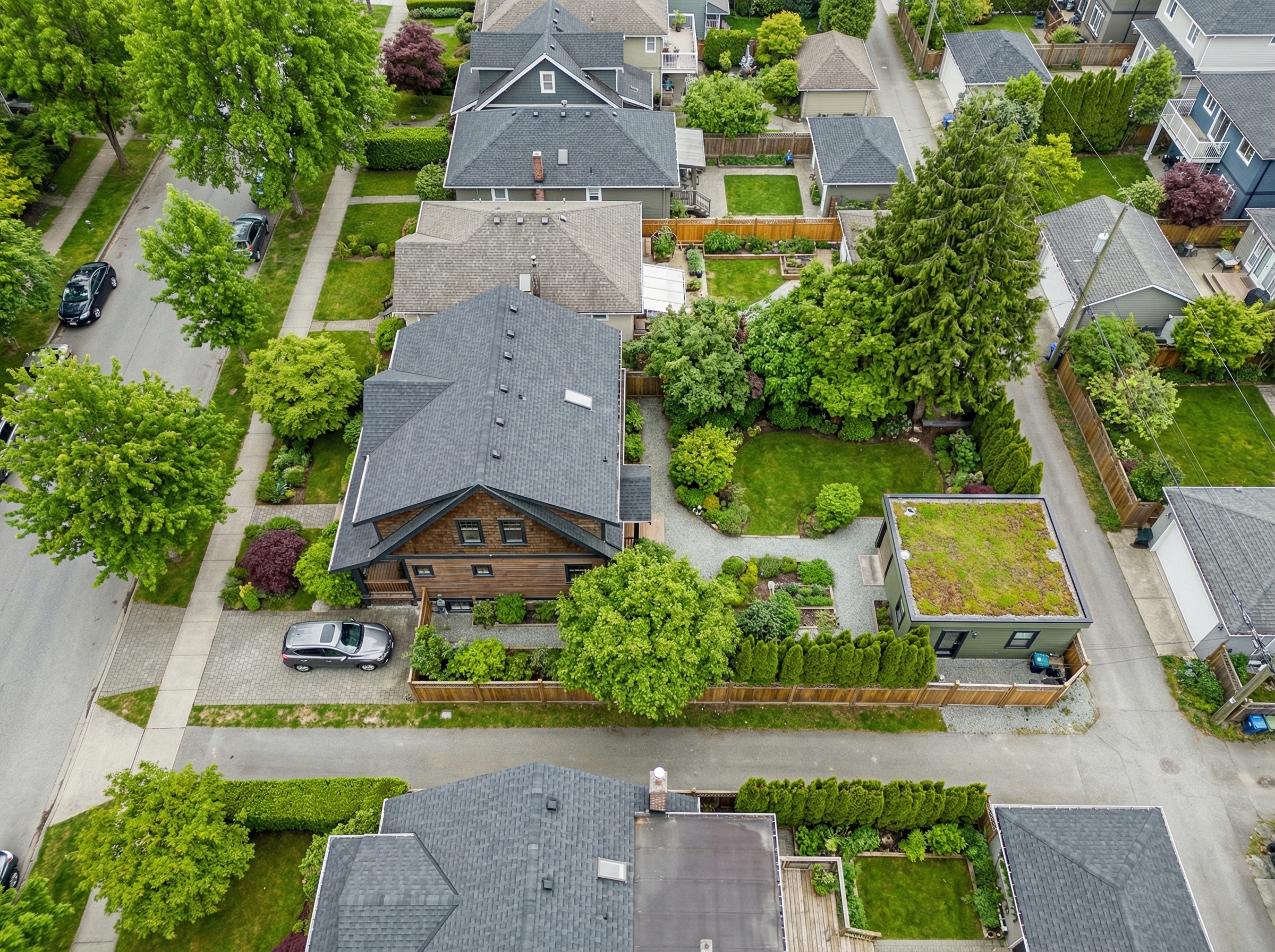Aerial view showing ADU placement on a residential lot