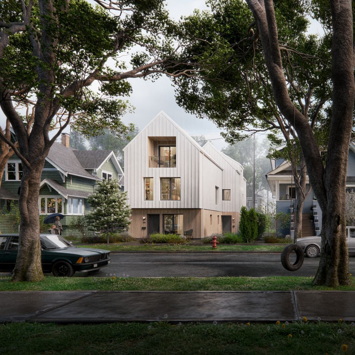 Modern side-by-side duplex with West Coast contemporary design in a BC residential neighbourhood
