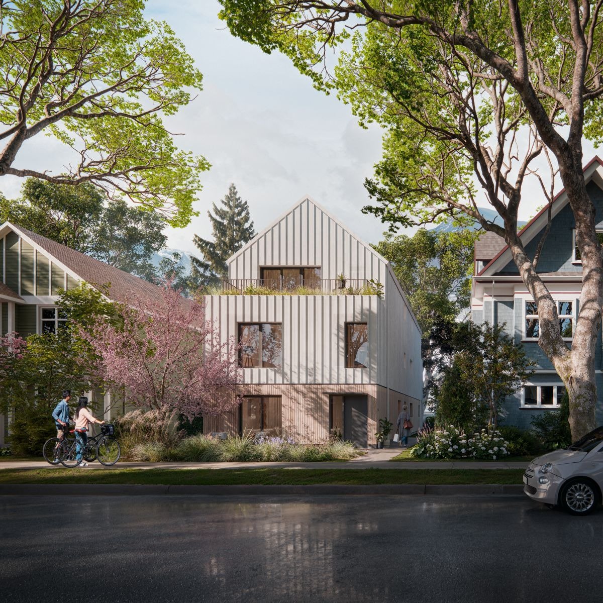 BC Government standardized fourplex design rendering from the Housing Design Catalogue