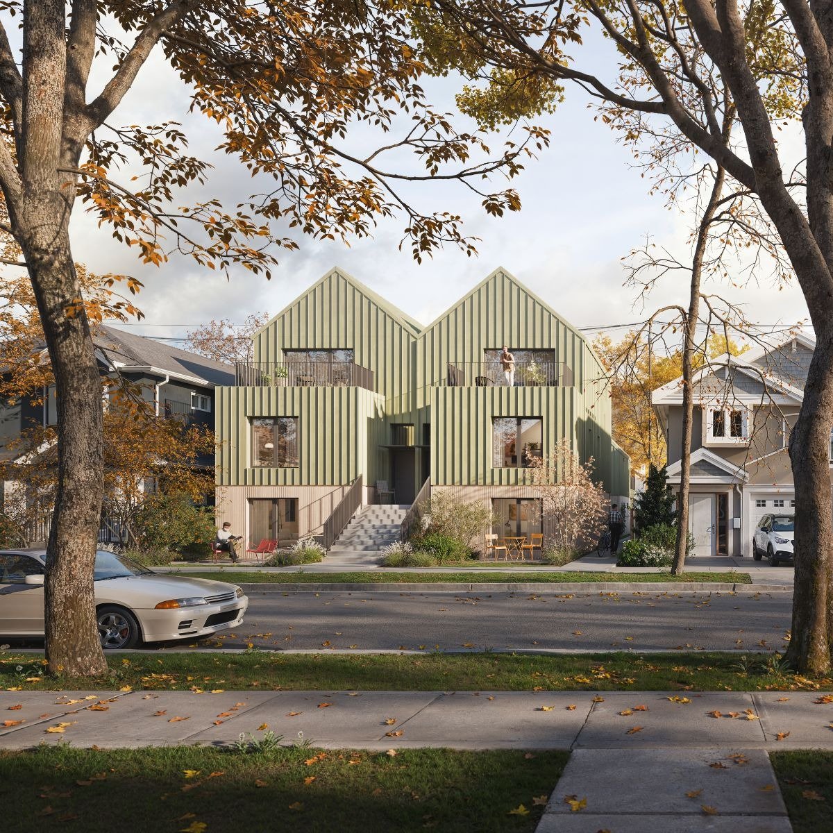 BC Government standardized courtyard sixplex design rendering from the Housing Design Catalogue