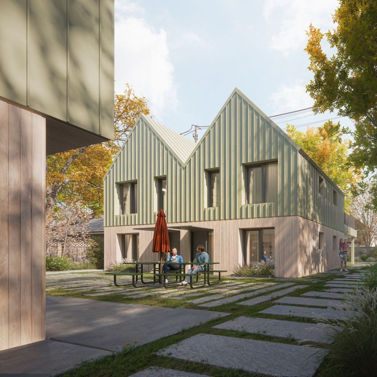 BC Government standardized courtyard sixplex design rendering - rear view