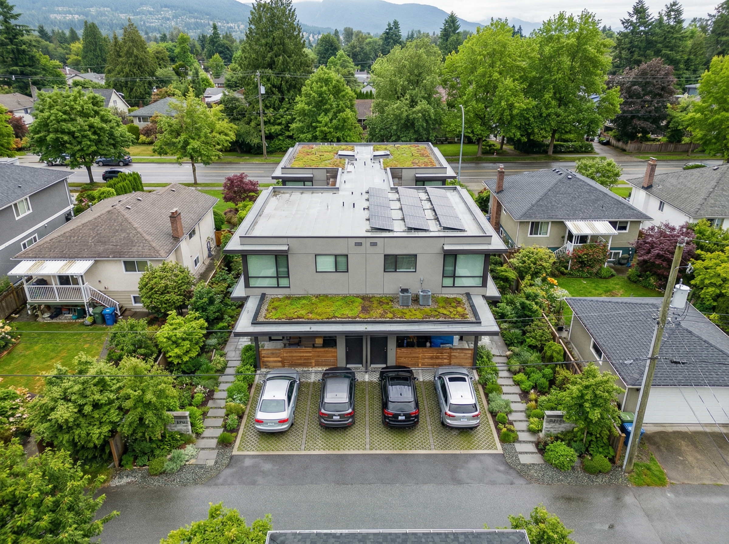 Aerial view of fourplex on a residential lot