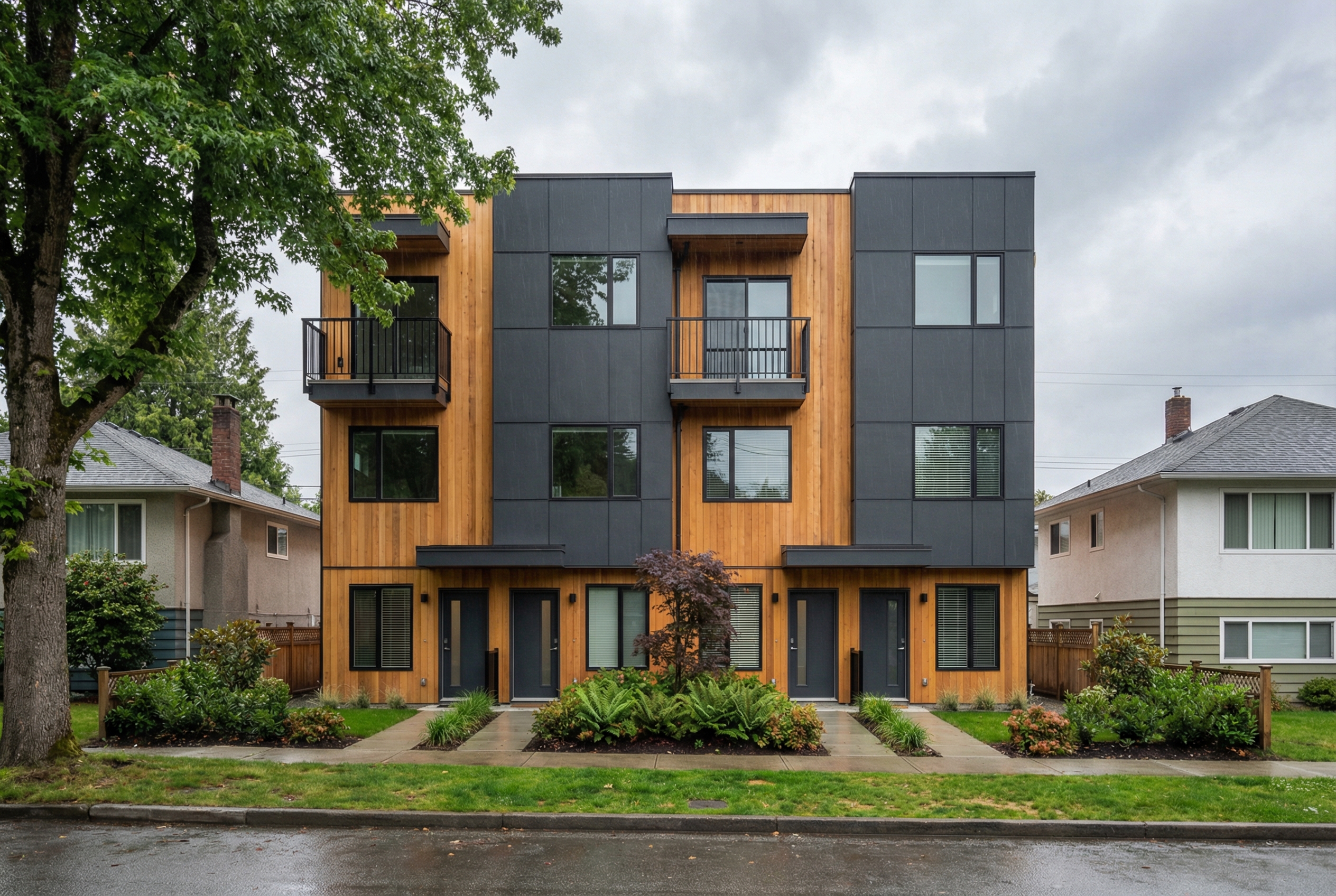 Stacked fourplex building
