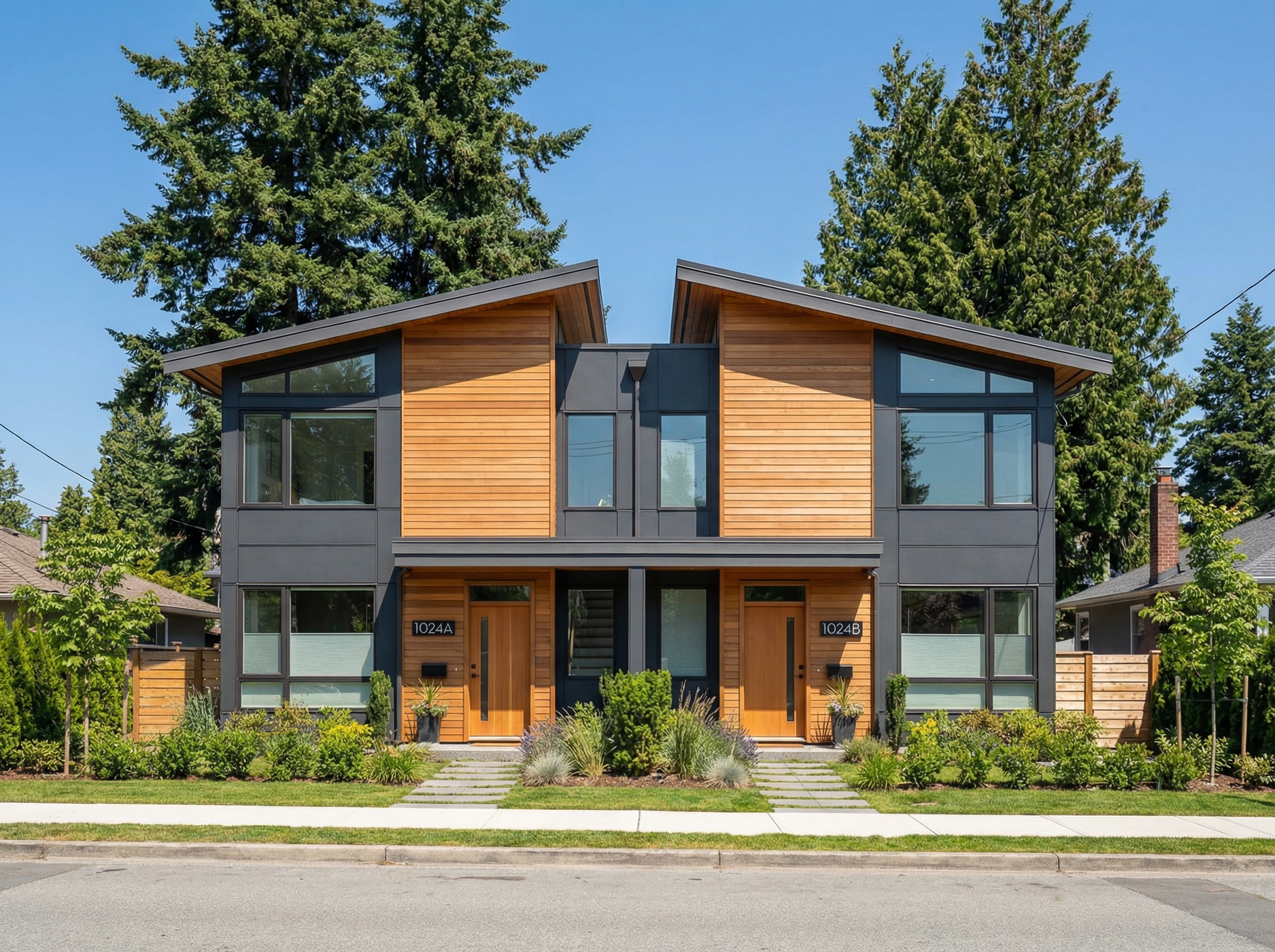 Modern duplex with two separate entrances in West Coast contemporary style