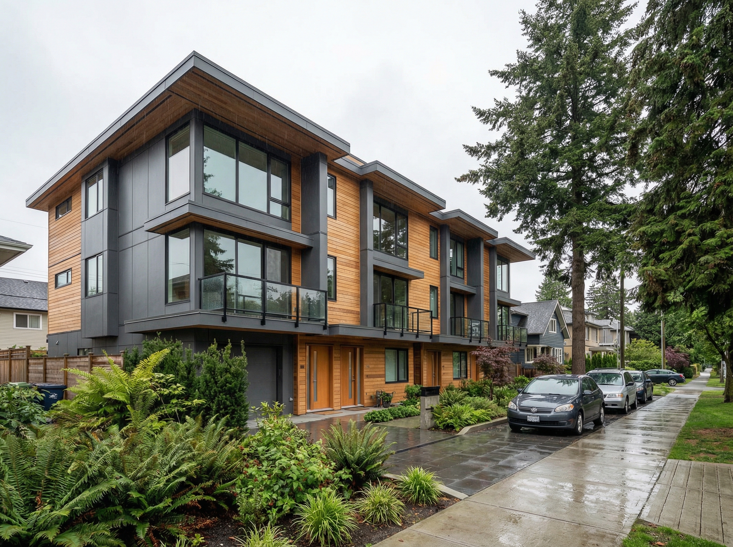 Three-storey fourplex building with cedar and metal cladding