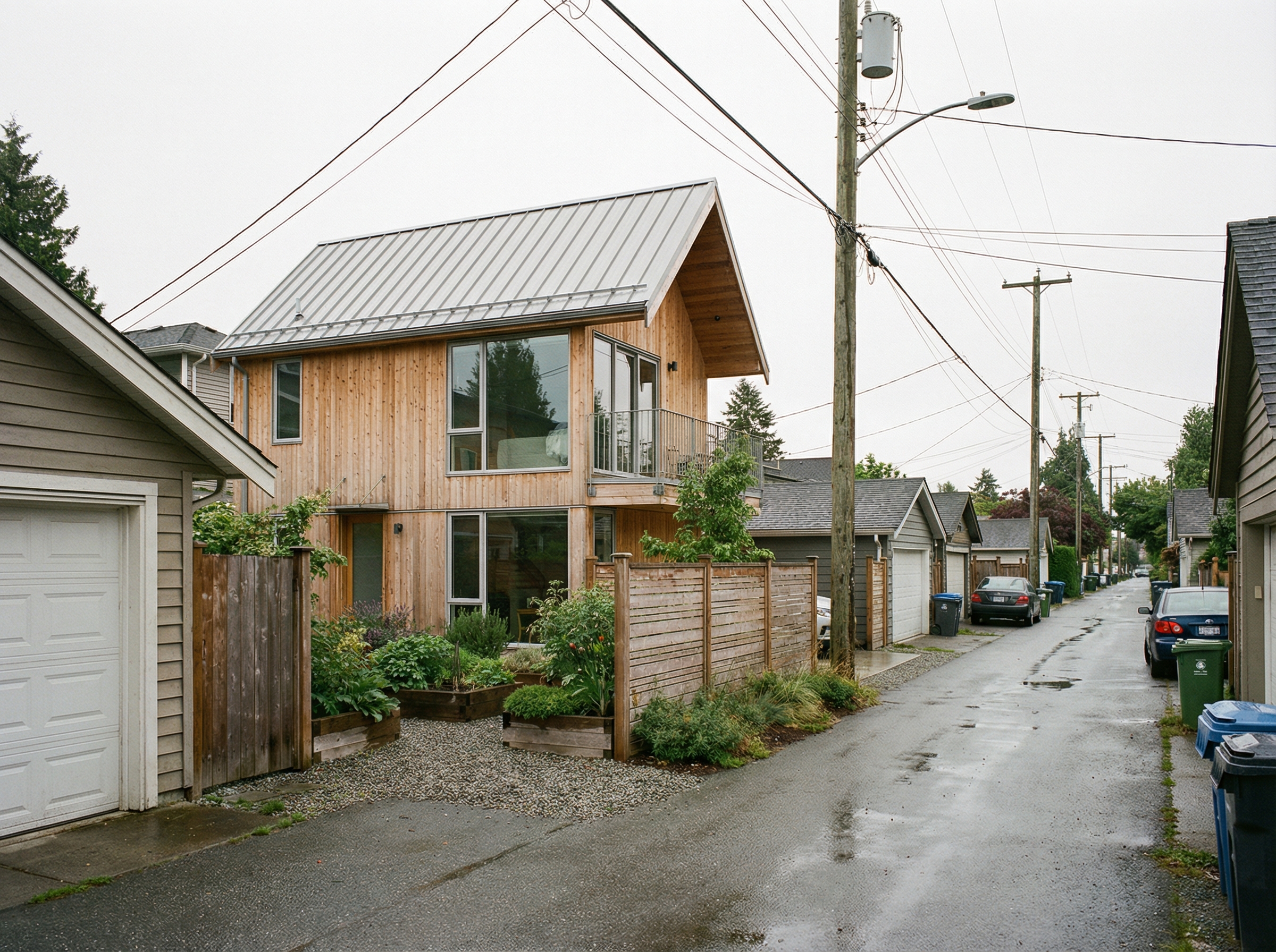 Laneway house viewed from the back lane in a Vancouver neighbourhood
