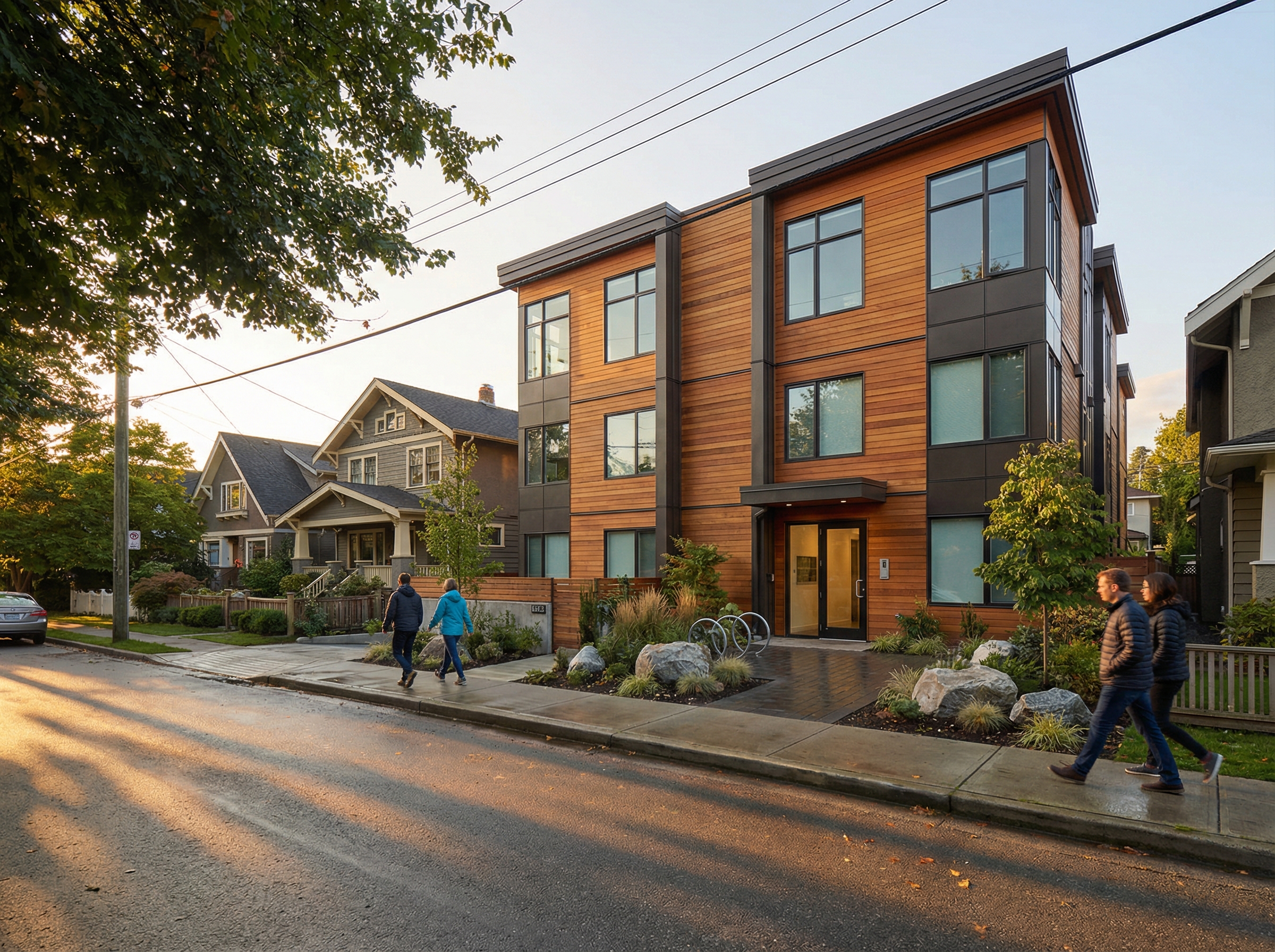 Sixplex from street level showing architectural detail