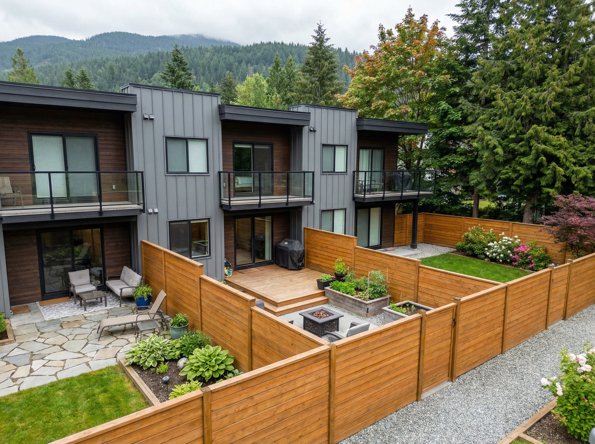 Rear view of triplex with yard space