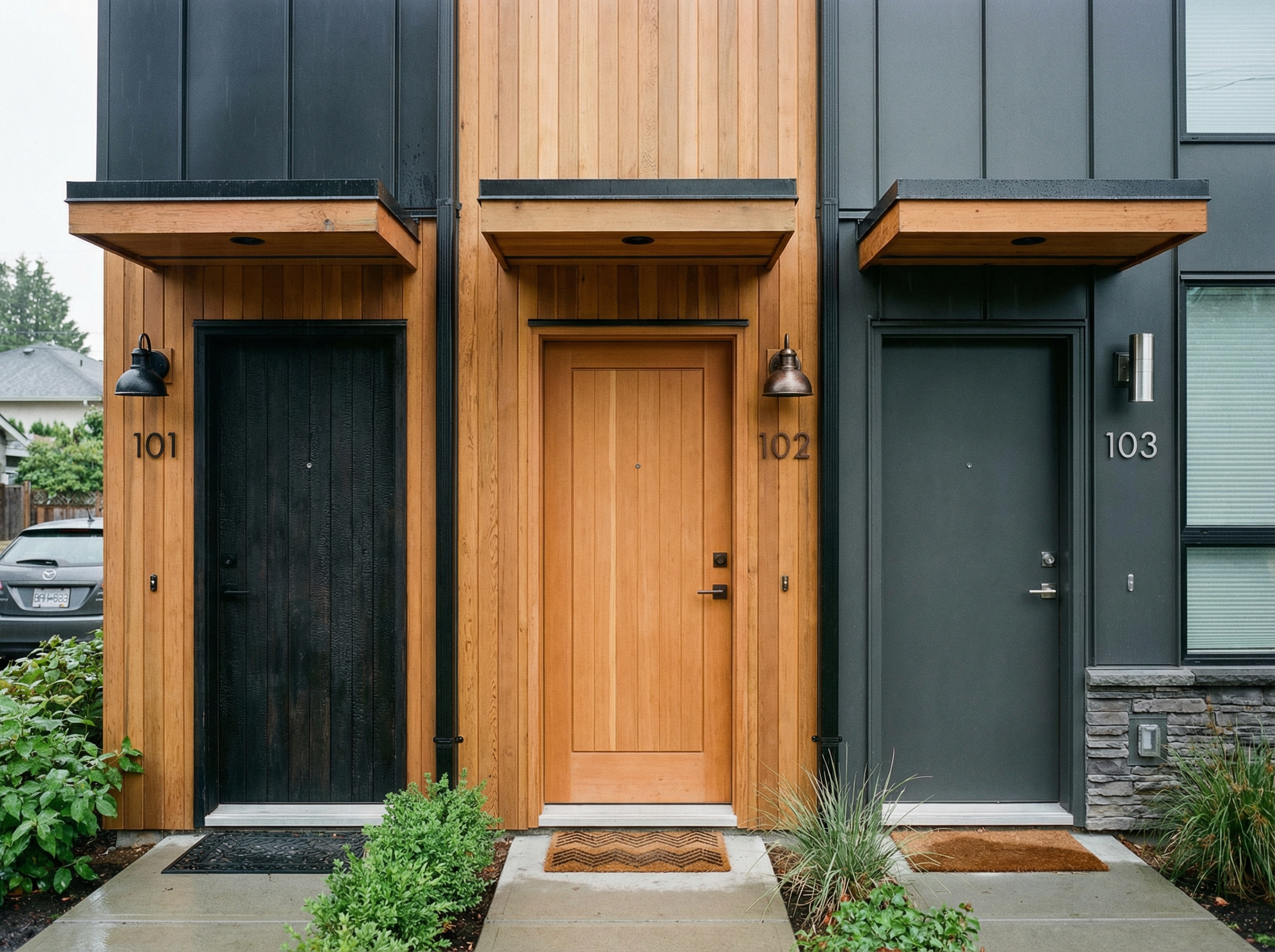 Triplex entrance design with separate doors for each unit