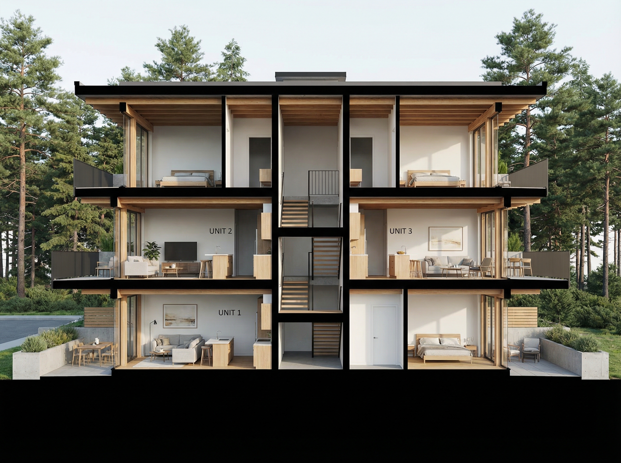 Cross-section showing three units in a triplex