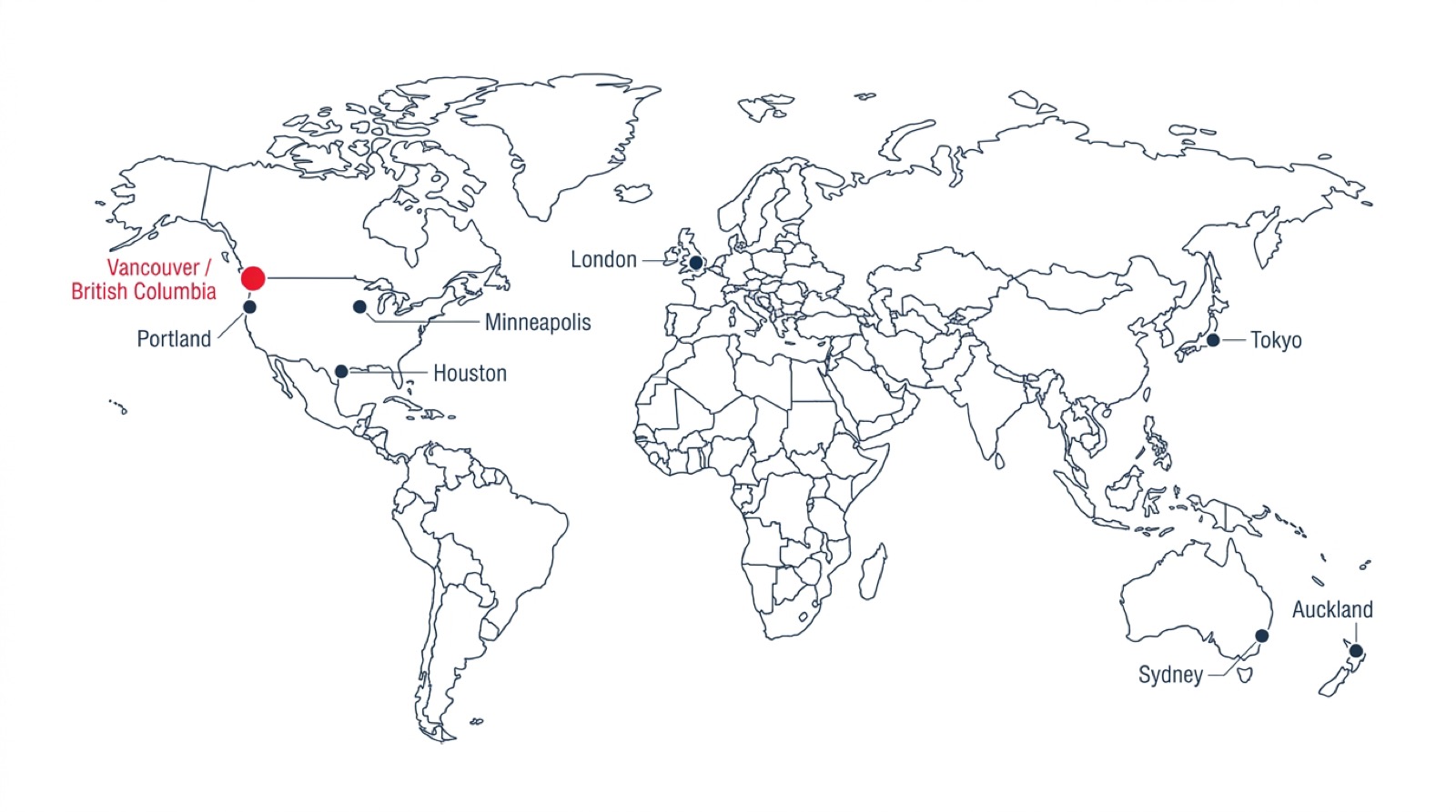 Flat editorial world map marking 24 cities that legalized multiplex housing — Vancouver, Minneapolis, Portland, Houston, London, Tokyo, Sydney and Auckland — with Vancouver / British Columbia highlighted in red