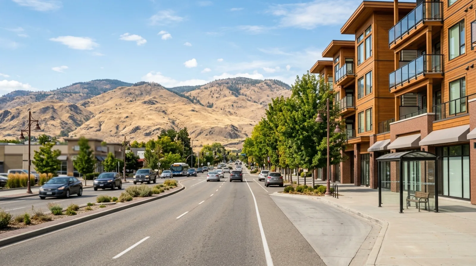 Wide Kelowna arterial street with a mid-rise wood-frame building, transit stop, and mountain backdrop