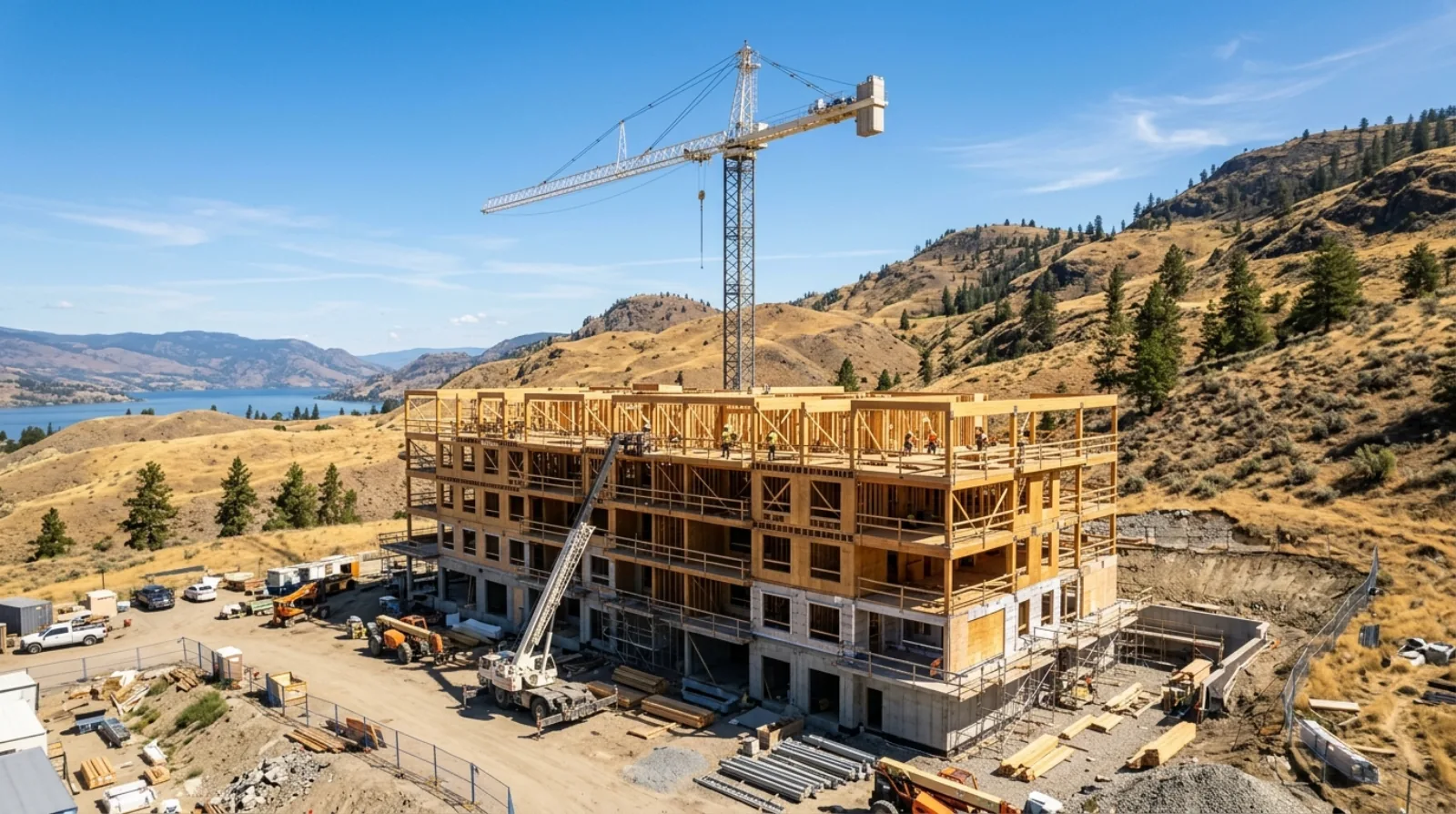 Construction of a mid-rise wood-frame building in the Okanagan, crane and framing against dry hills