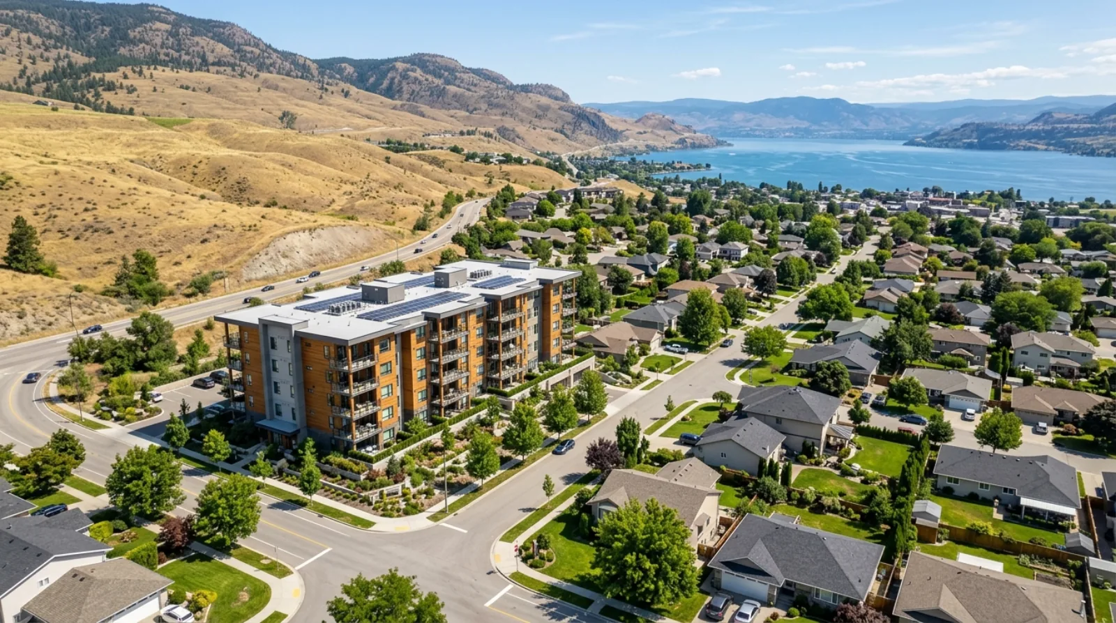 Six-storey wood-frame building beside existing houses on a Kelowna Core Area street, Okanagan hills behind