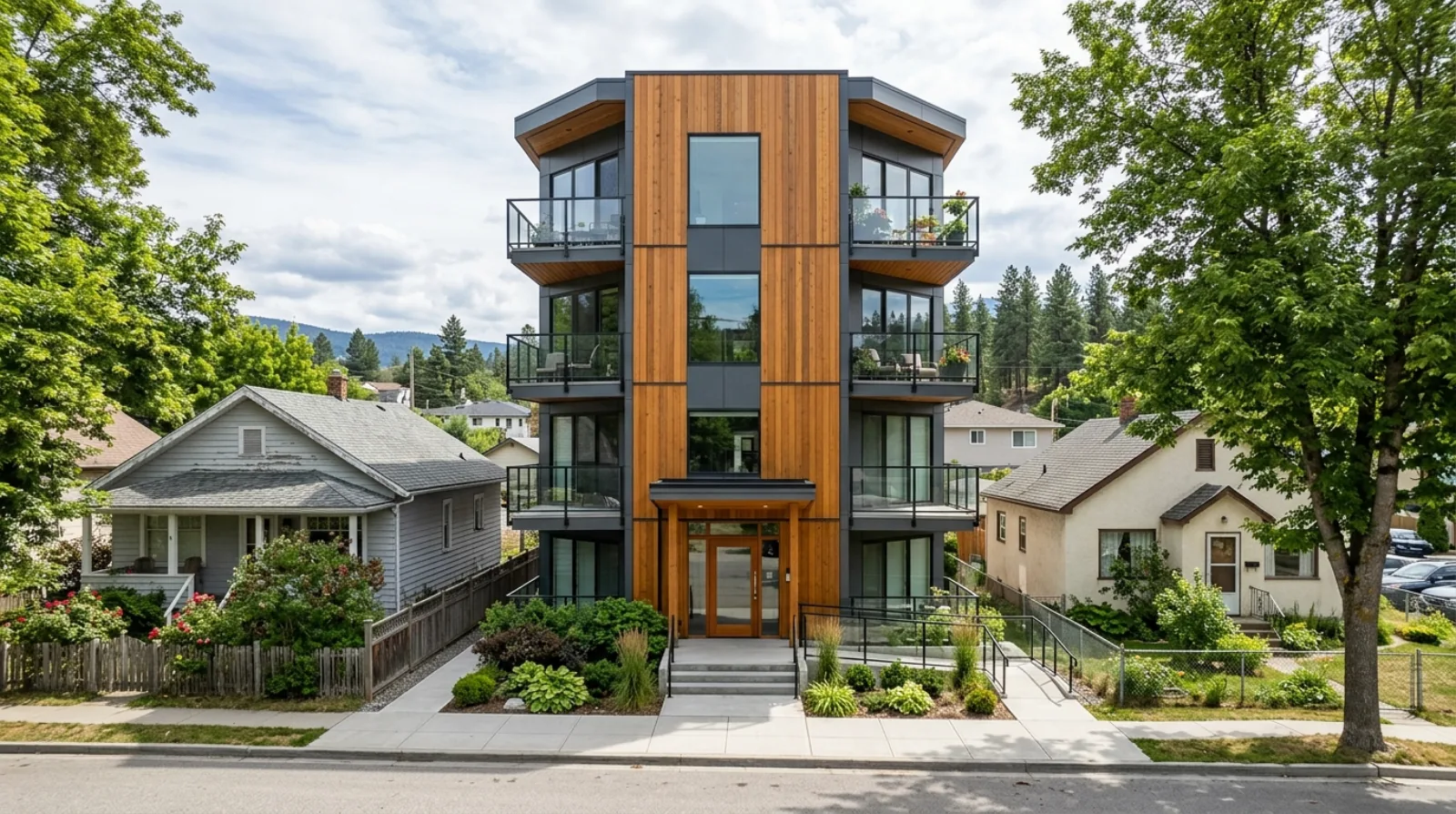 Corner-unit mid-rise apartment building with one central stair core, wood cladding, on a narrow lot