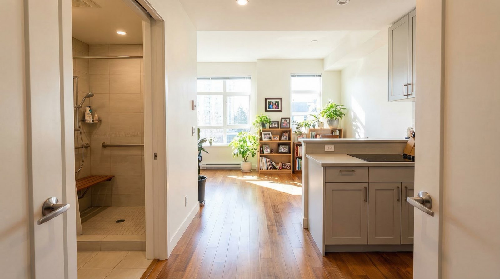 Accessible ground-floor unit interior with wide doorways, roll-in shower with grab bars, lever handles, and bright natural light