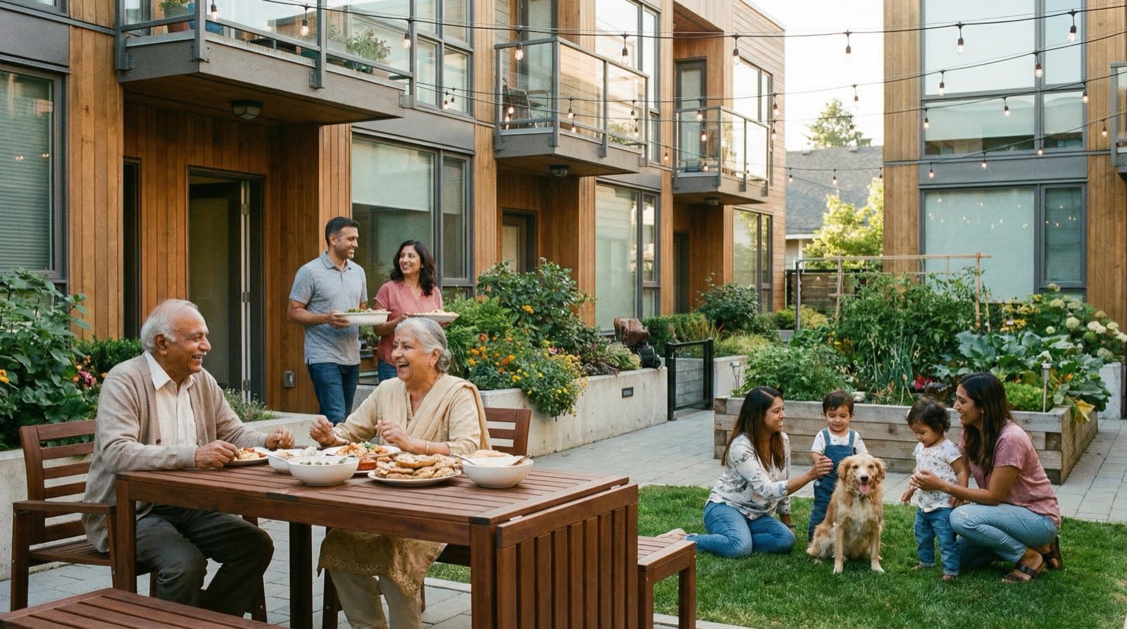 Multigenerational family gathering in shared courtyard between multiplex units