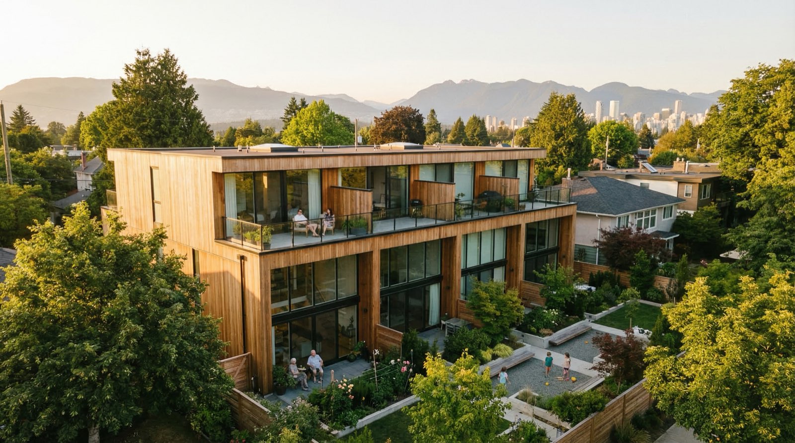 Aerial view of a modern multigenerational multiplex in a Vancouver neighbourhood with family members visible on balconies and in shared courtyard