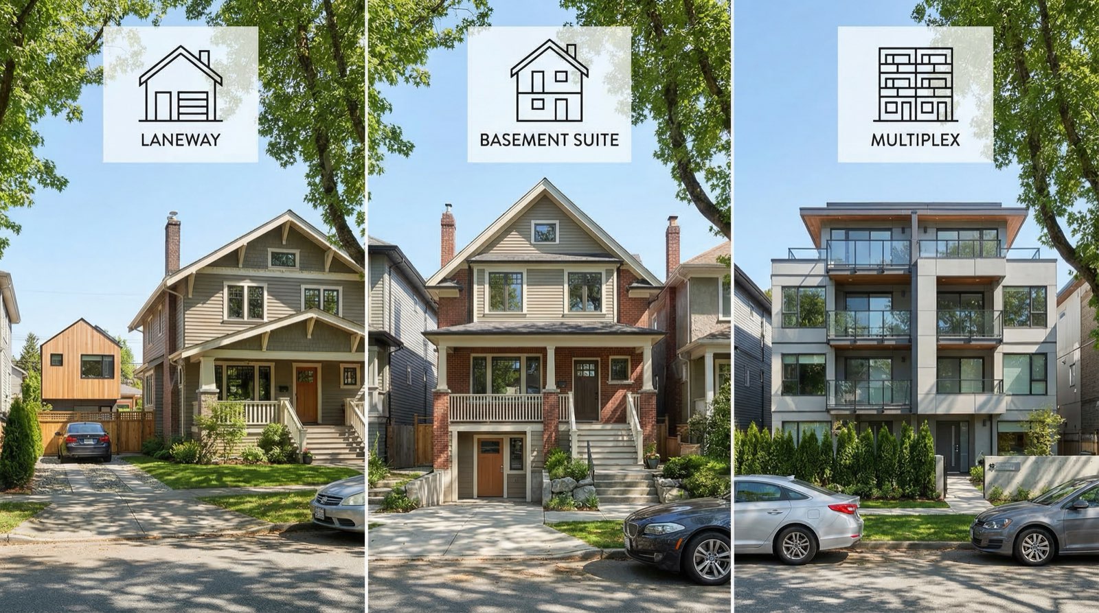Side-by-side comparison of laneway house, basement suite, and modern multiplex building in Vancouver neighbourhood