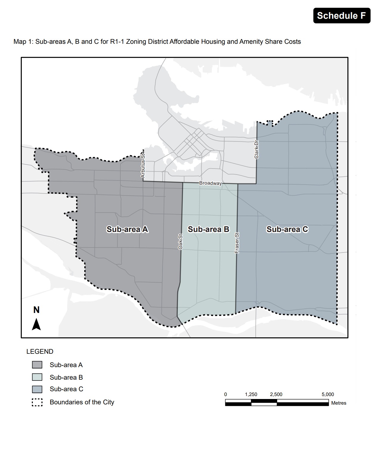 Map showing Vancouver R1-1 density bonus sub-areas A, B, and C from Schedule F of the Zoning and Development By-law. Sub-area A is west of Oak Street, Sub-area B is between Oak Street and Fraser Street, and Sub-area C is east of Fraser Street.