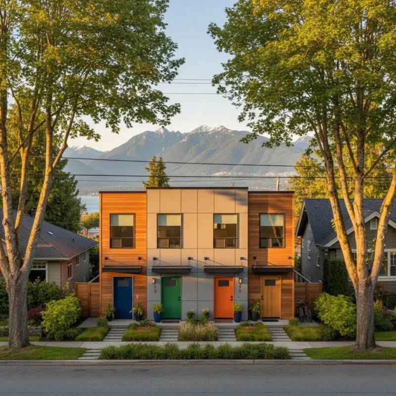 A four-unit multiplex with four coloured front doors on a Vancouver street, with the North Shore mountains behind it